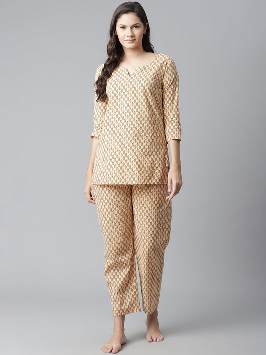 Women'S Yellow Buti Print Cotton Nightwear | LASVINI - Redefining Indian Fashion with Elegance