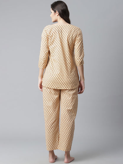 Women'S Yellow Buti Print Cotton Nightwear | LASVINI - Redefining Indian Fashion with Elegance