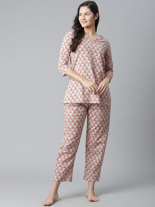 Women'S Floral Pink Motif Cotton Nightsuit | LASVINI - Redefining Indian Fashion with Elegance