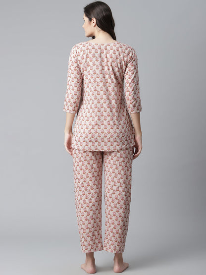 Women'S Floral Pink Motif Cotton Nightsuit | LASVINI - Redefining Indian Fashion with Elegance