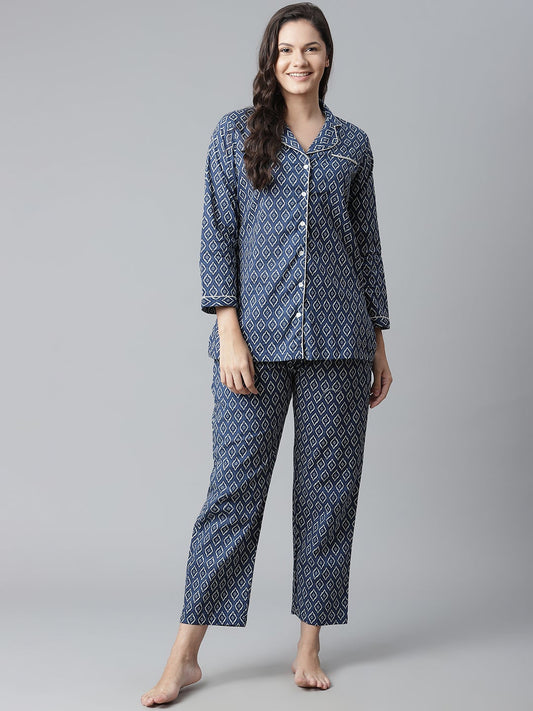 Women'S Indigo Printed Cotton Nightsuit | LASVINI - Redefining Indian Fashion with Elegance