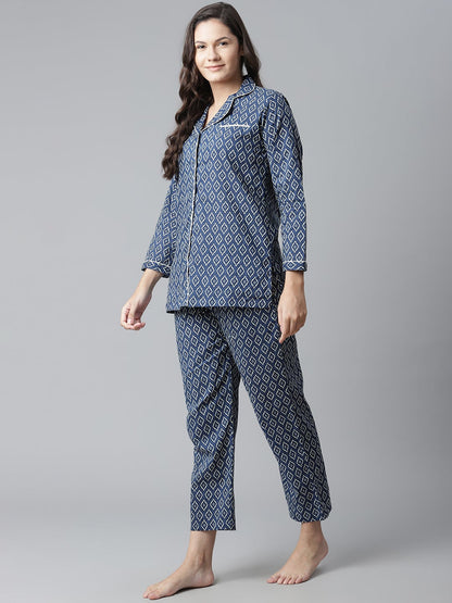 Women'S Indigo Printed Cotton Nightsuit | LASVINI - Redefining Indian Fashion with Elegance