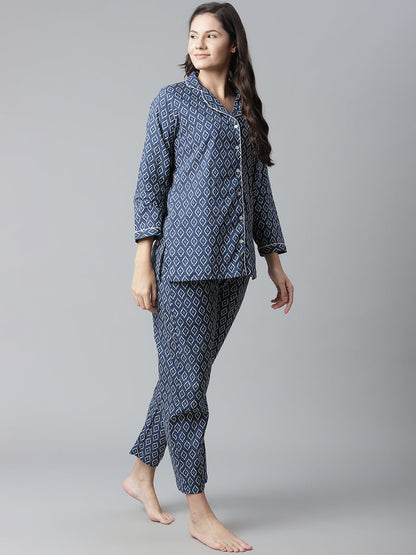 Women'S Indigo Printed Cotton Nightsuit | LASVINI - Redefining Indian Fashion with Elegance