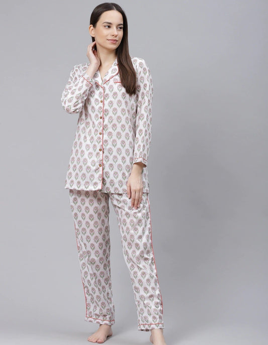 Women'S White Printed Cotton Night Suit | LASVINI - Redefining Indian Fashion with Elegance
