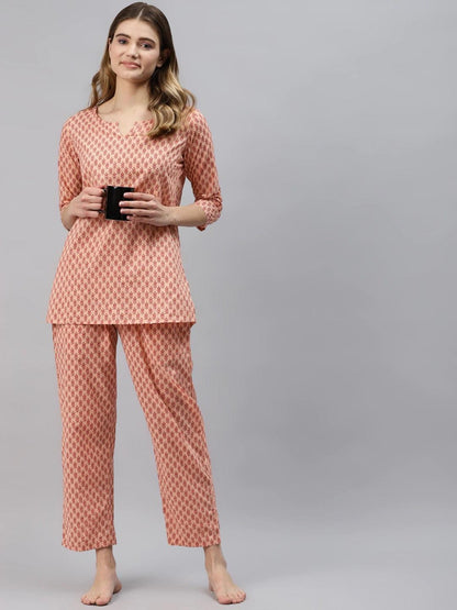 Peach Floral Printed Night Suit | LASVINI - Redefining Indian Fashion with Elegance