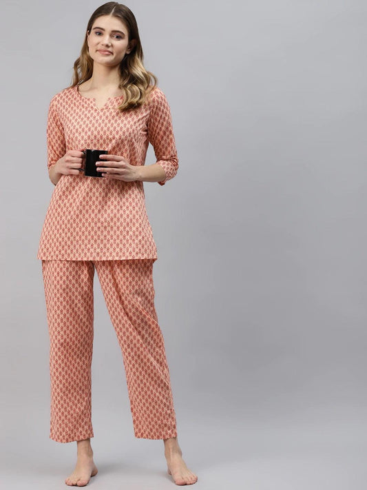 Peach Floral Printed Night Suit | LASVINI - Redefining Indian Fashion with Elegance