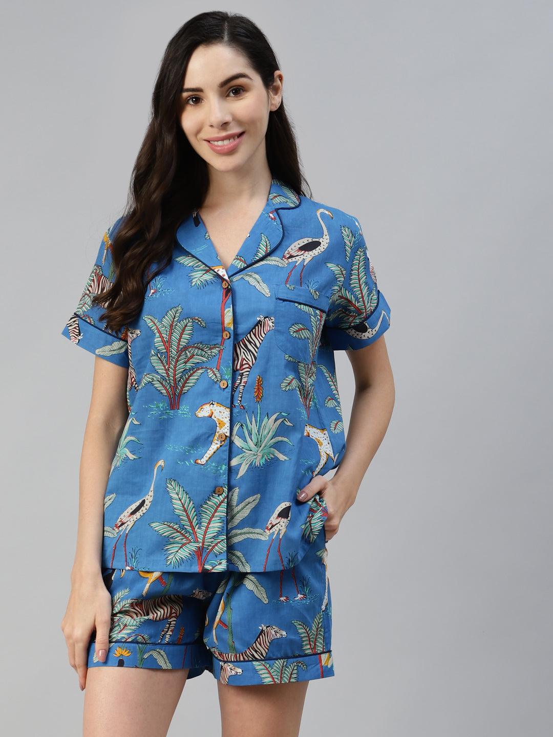 Teal Blue Cotton Quirky Print Night Suit | LASVINI - Redefining Indian Fashion with Elegance