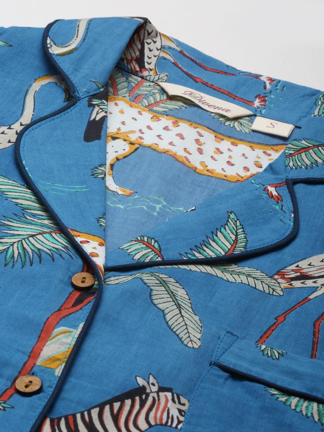 Teal Blue Cotton Quirky Print Night Suit | LASVINI - Redefining Indian Fashion with Elegance