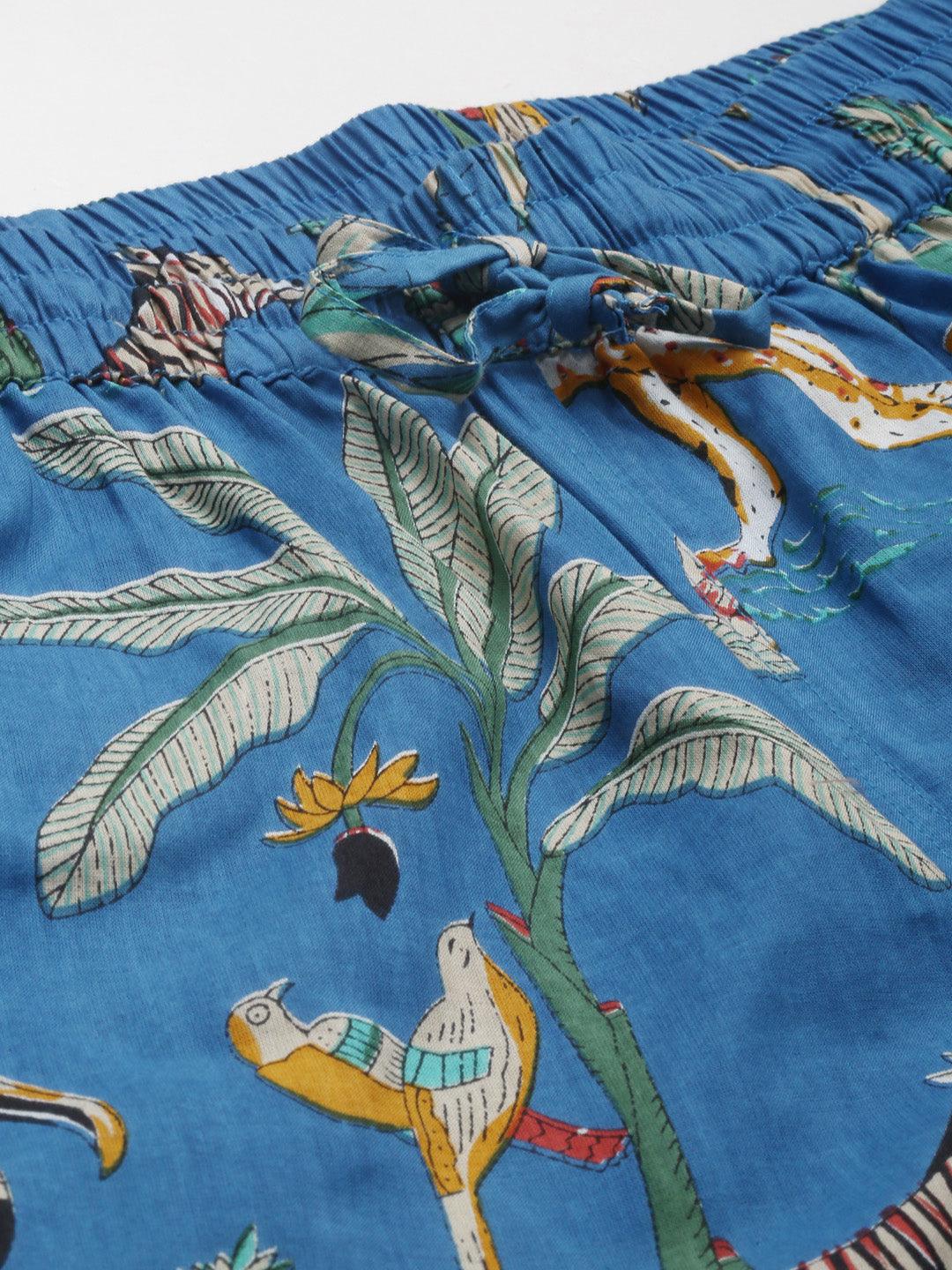 Teal Blue Cotton Quirky Print Night Suit | LASVINI - Redefining Indian Fashion with Elegance