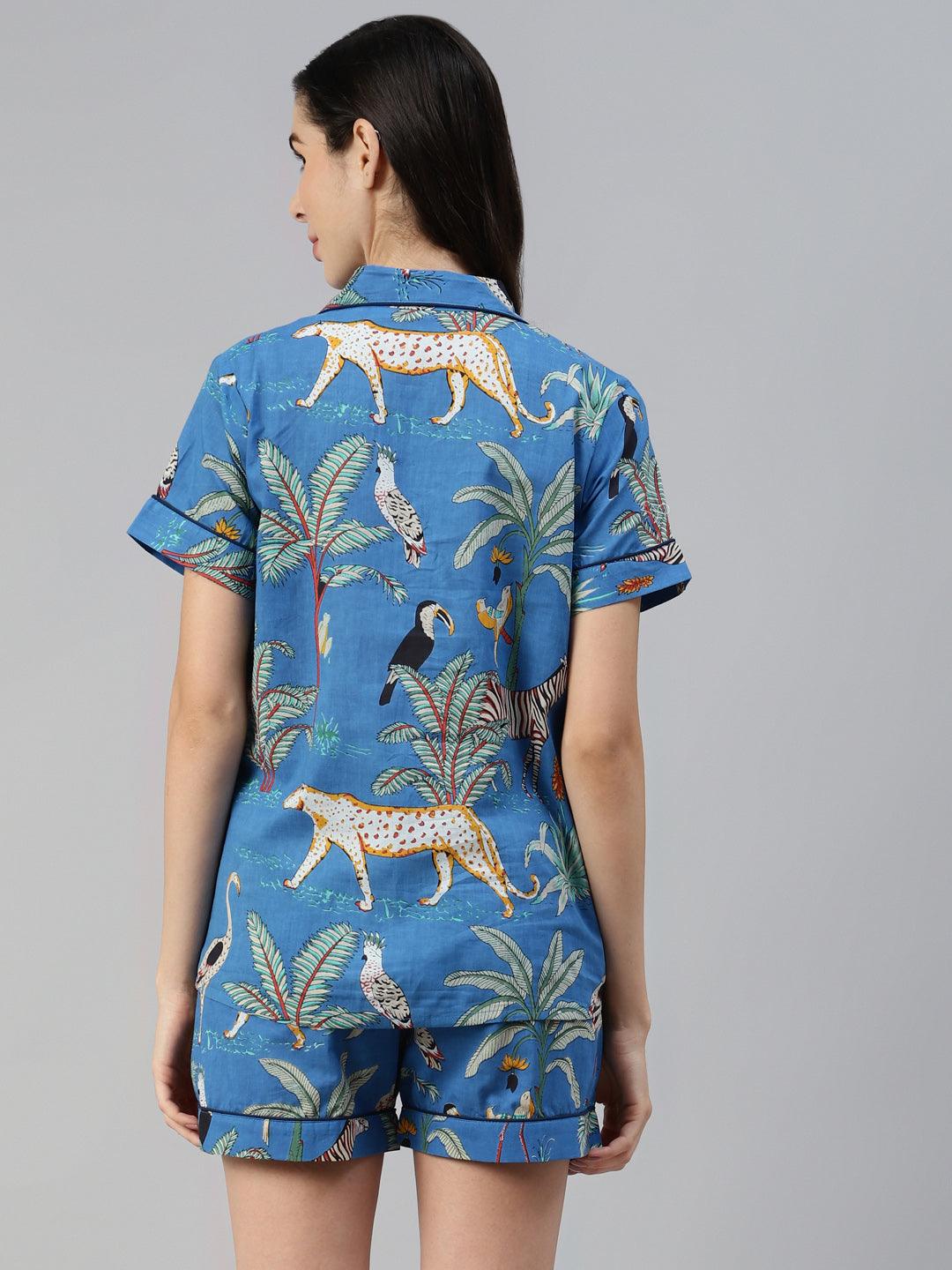 Teal Blue Cotton Quirky Print Night Suit | LASVINI - Redefining Indian Fashion with Elegance