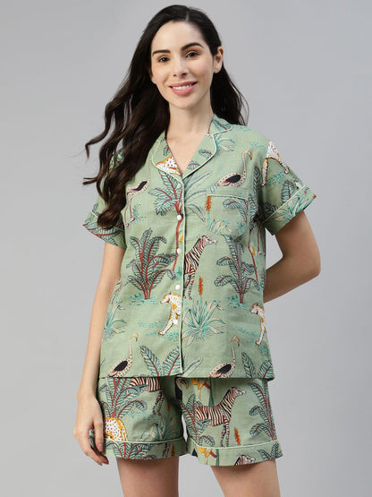 Sea Green Cotton Animal Print Night Suit | LASVINI - Redefining Indian Fashion with Elegance