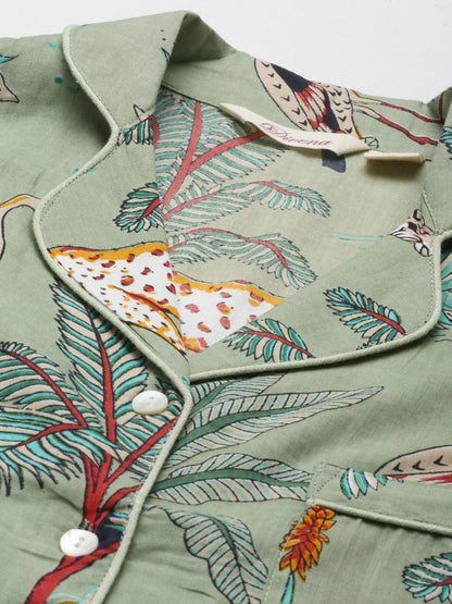 Sea Green Cotton Animal Print Night Suit | LASVINI - Redefining Indian Fashion with Elegance