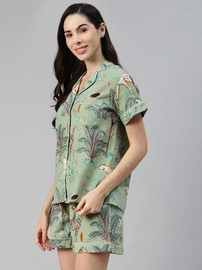 Sea Green Cotton Animal Print Night Suit | LASVINI - Redefining Indian Fashion with Elegance