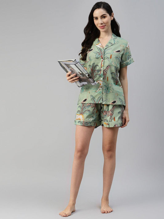 Sea Green Cotton Animal Print Night Suit | LASVINI - Redefining Indian Fashion with Elegance