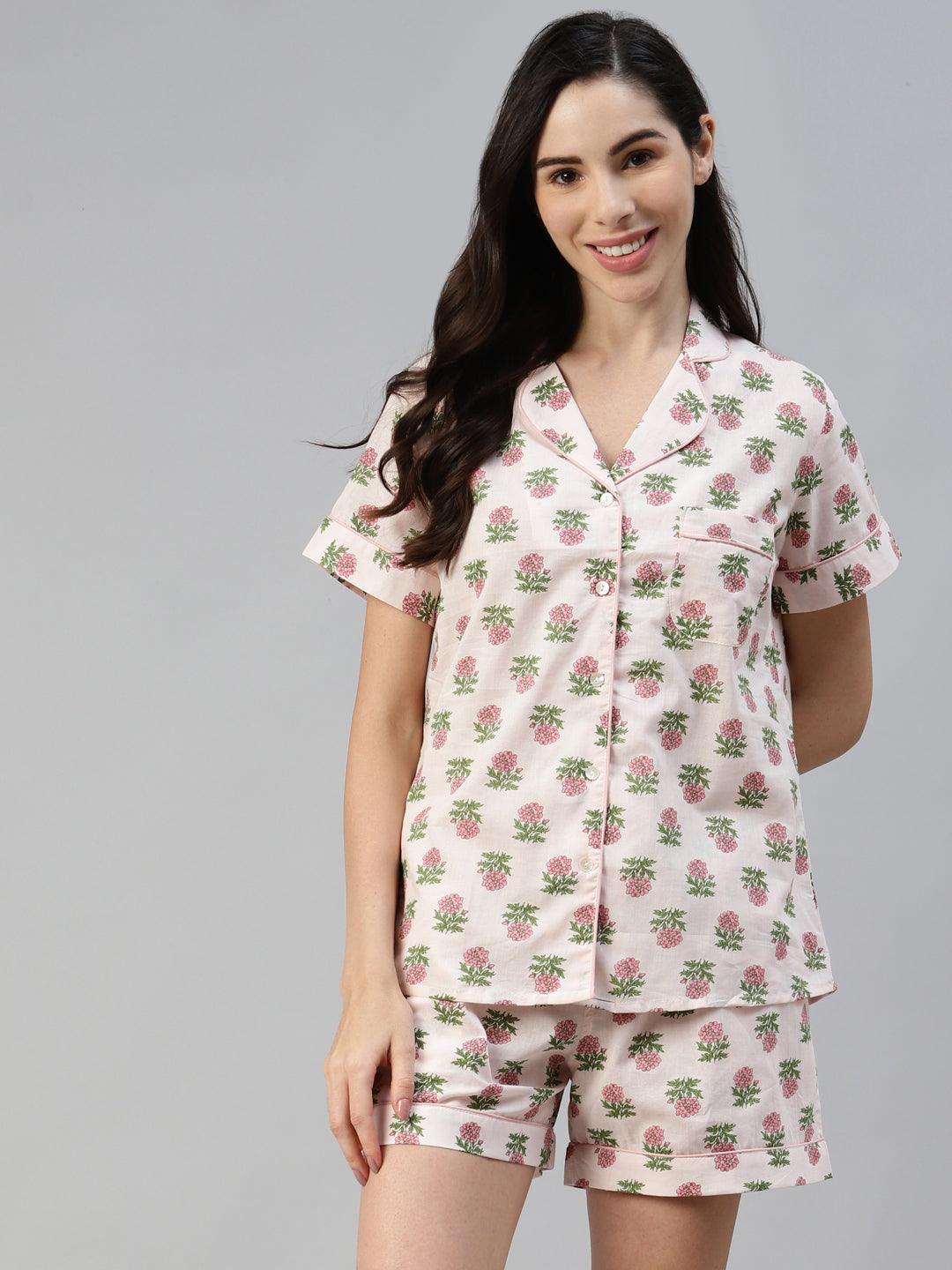 Baby Pink Cotton Floral Print Night Suit | LASVINI - Redefining Indian Fashion with Elegance