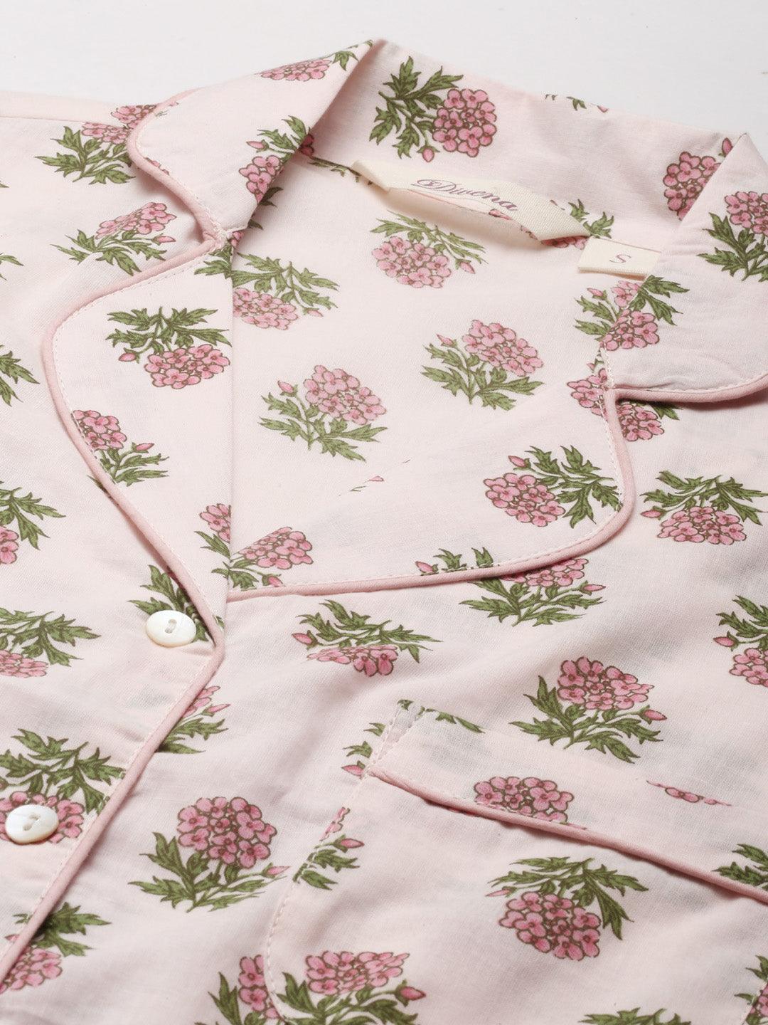 Baby Pink Cotton Floral Print Night Suit | LASVINI - Redefining Indian Fashion with Elegance