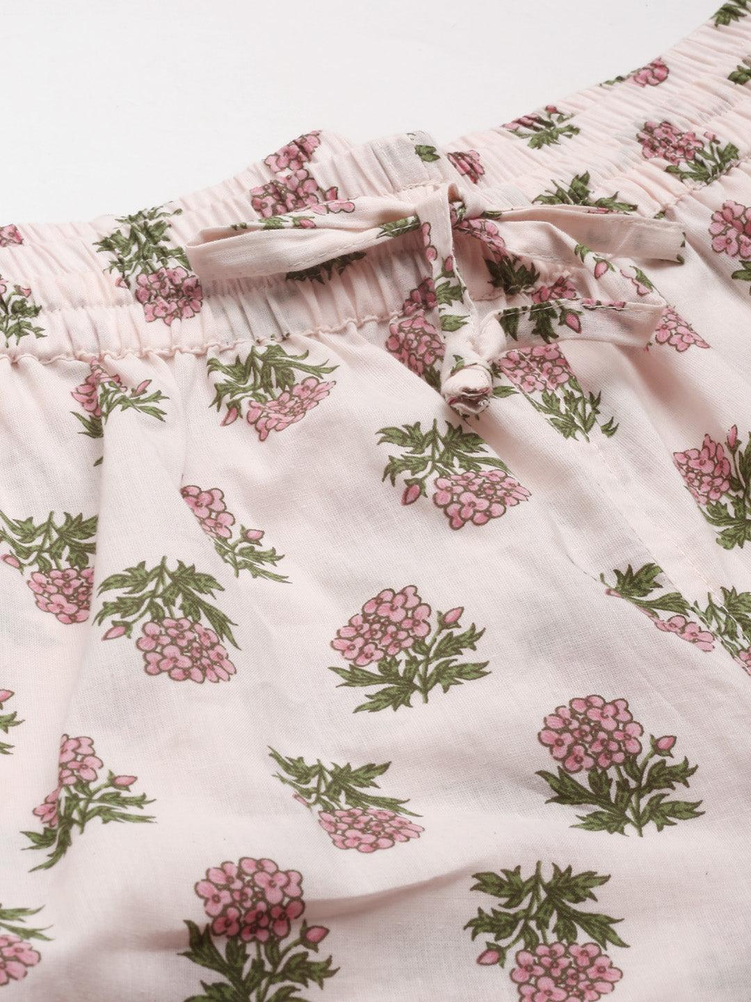 Baby Pink Cotton Floral Print Night Suit | LASVINI - Redefining Indian Fashion with Elegance