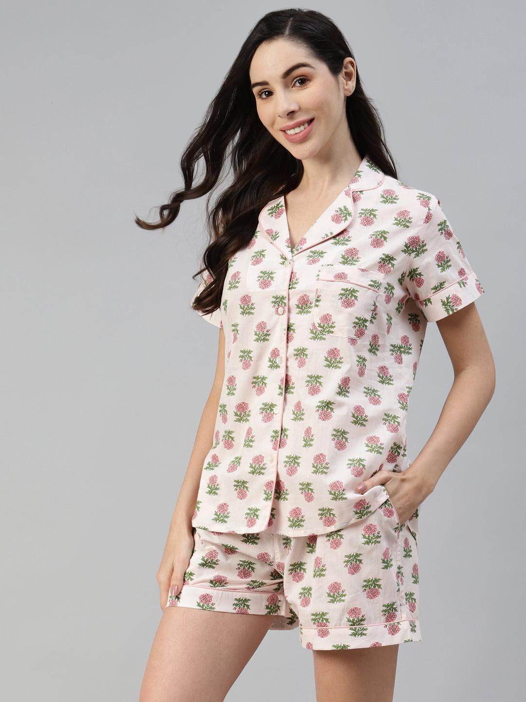 Baby Pink Cotton Floral Print Night Suit | LASVINI - Redefining Indian Fashion with Elegance