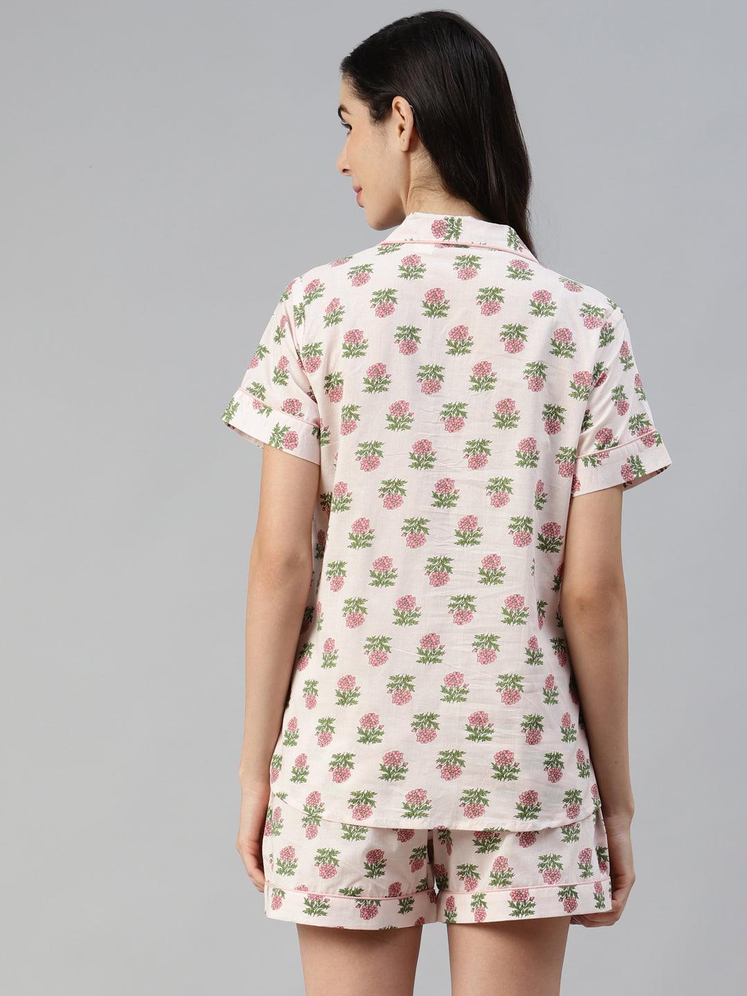 Baby Pink Cotton Floral Print Night Suit | LASVINI - Redefining Indian Fashion with Elegance