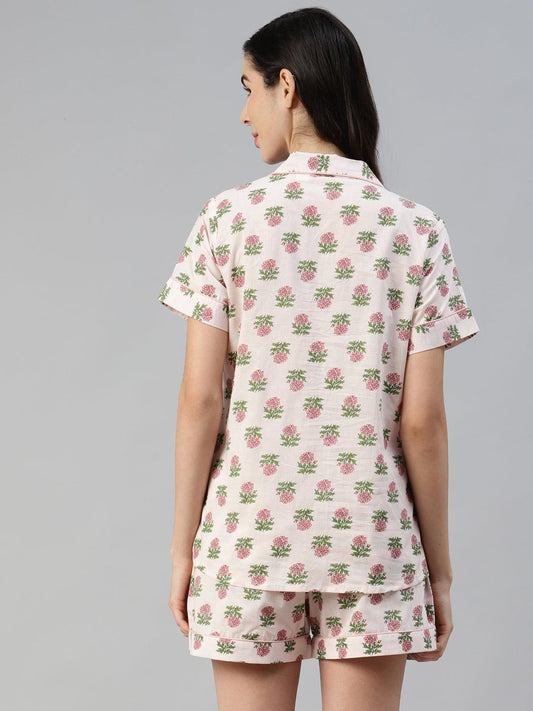 Baby Pink Cotton Floral Print Night Suit | LASVINI - Redefining Indian Fashion with Elegance