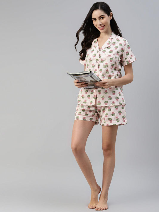 Baby Pink Cotton Floral Print Night Suit | LASVINI - Redefining Indian Fashion with Elegance