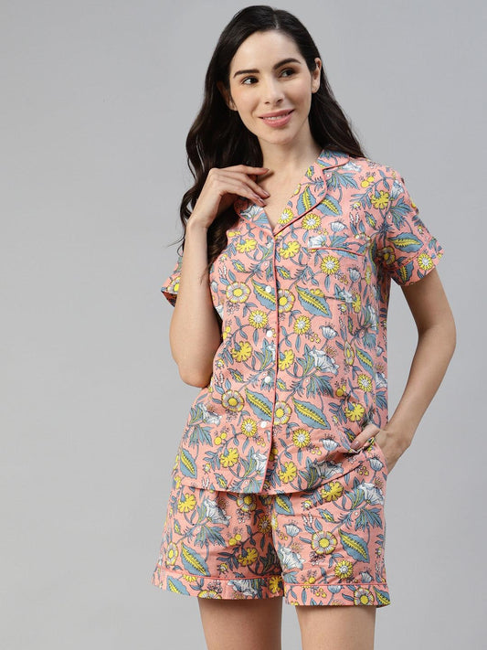 Peach Cotton Floral Print Night Suit | LASVINI - Redefining Indian Fashion with Elegance