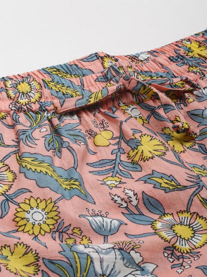 Peach Cotton Floral Print Night Suit | LASVINI - Redefining Indian Fashion with Elegance