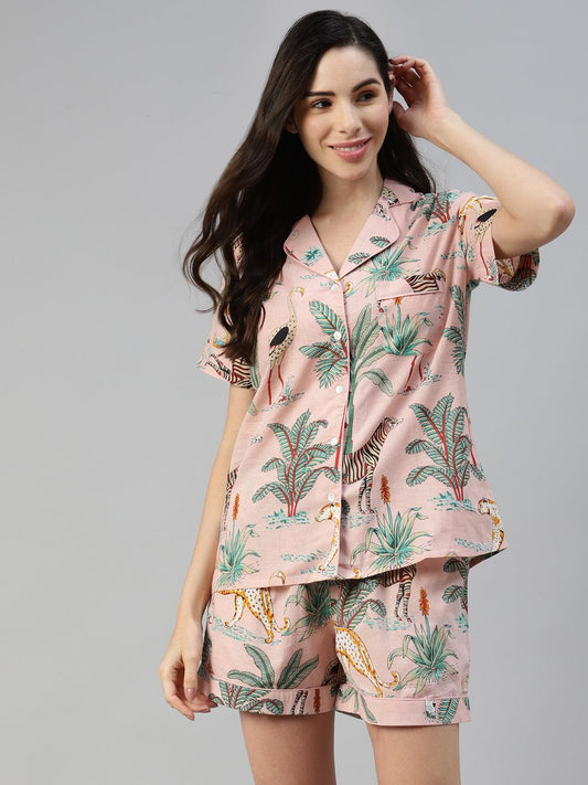 Pink Cotton Floral Print Night Suit | LASVINI - Redefining Indian Fashion with Elegance