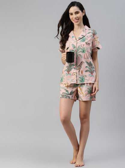 Pink Cotton Floral Print Night Suit | LASVINI - Redefining Indian Fashion with Elegance