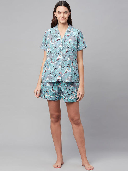 Seagreen Cotton Floral Print Night Suit | LASVINI - Redefining Indian Fashion with Elegance