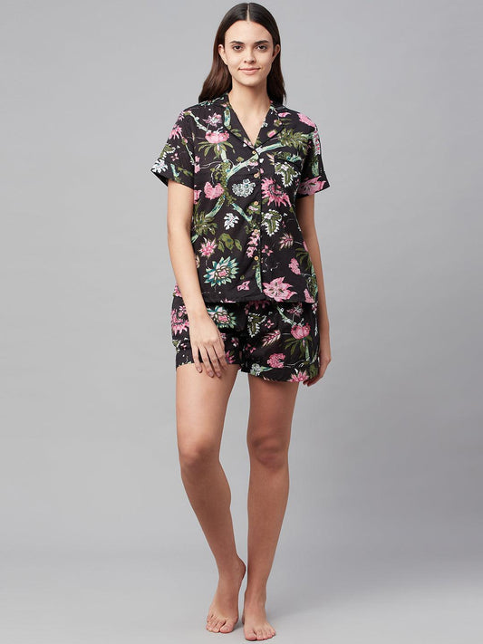 Black Cotton Floral Print Night Suit | LASVINI - Redefining Indian Fashion with Elegance