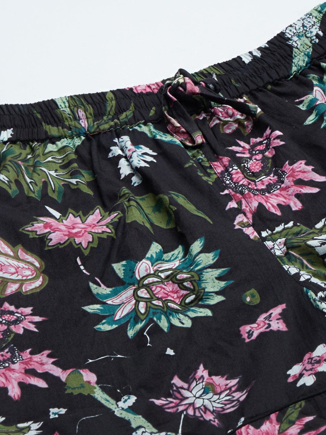 Black Cotton Floral Print Night Suit | LASVINI - Redefining Indian Fashion with Elegance