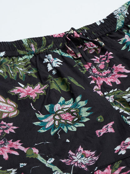 Black Cotton Floral Print Night Suit | LASVINI - Redefining Indian Fashion with Elegance