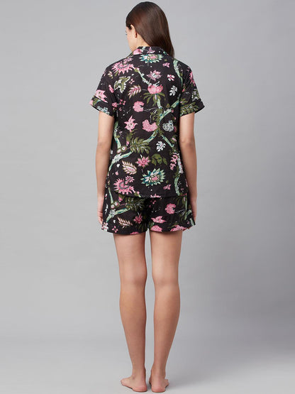 Black Cotton Floral Print Night Suit | LASVINI - Redefining Indian Fashion with Elegance
