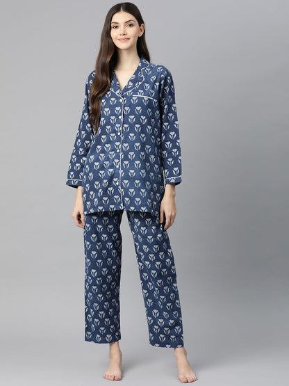 Indigo Hand Block Pure Cotton Night Suit | LASVINI - Redefining Indian Fashion with Elegance