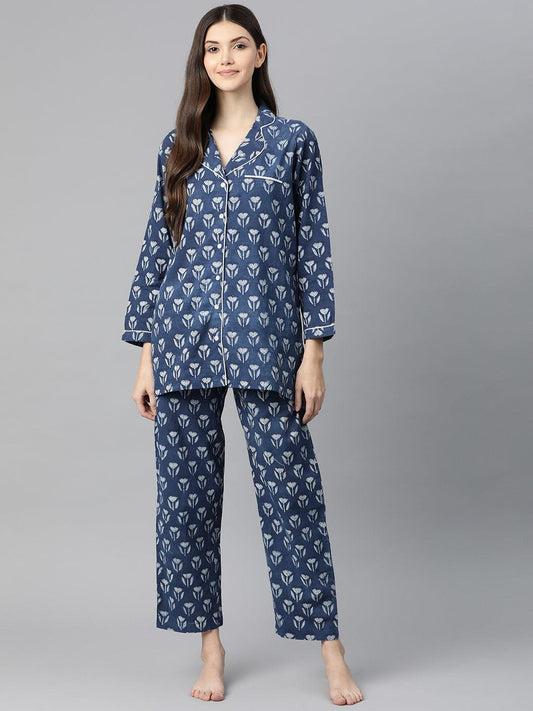Indigo Hand Block Pure Cotton Night Suit | LASVINI - Redefining Indian Fashion with Elegance