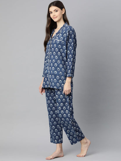 Indigo Hand Block Pure Cotton Night Suit | LASVINI - Redefining Indian Fashion with Elegance
