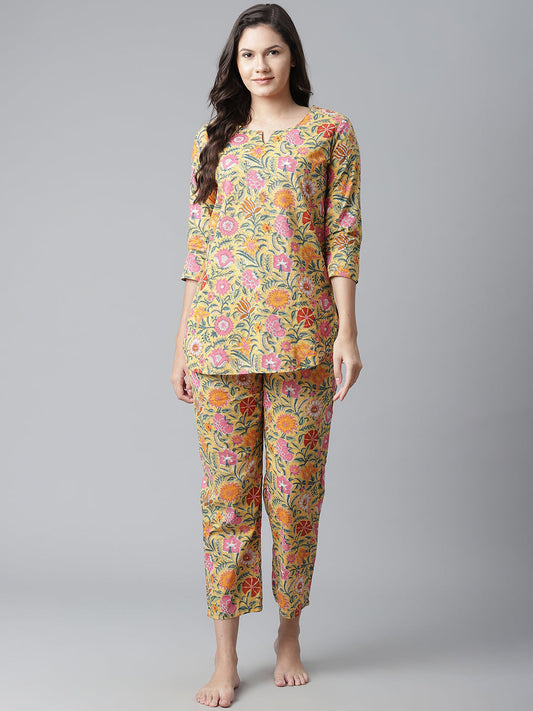 Women'S Yellow Printed Cotton Night Wear | LASVINI - Redefining Indian Fashion with Elegance