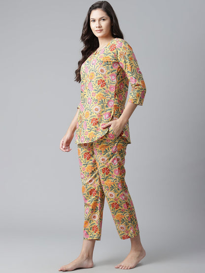 Women'S Yellow Printed Cotton Night Wear | LASVINI - Redefining Indian Fashion with Elegance