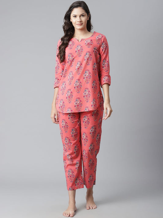 Women'S Peach Cotton Printed Nightsuit | LASVINI - Redefining Indian Fashion with Elegance