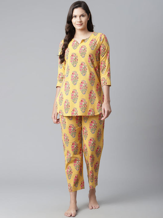 Women'S Yellow Flower Cotton Motif Nightwear | LASVINI - Redefining Indian Fashion with Elegance
