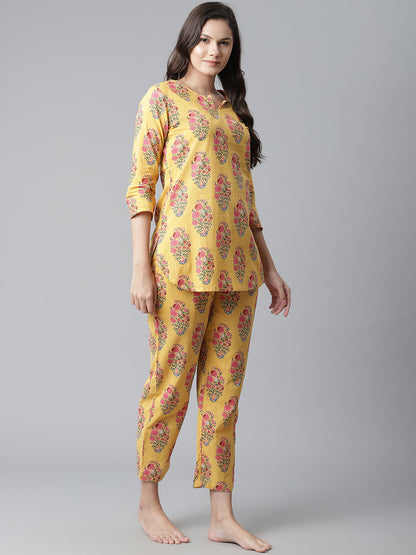 Women'S Yellow Flower Cotton Motif Nightwear | LASVINI - Redefining Indian Fashion with Elegance