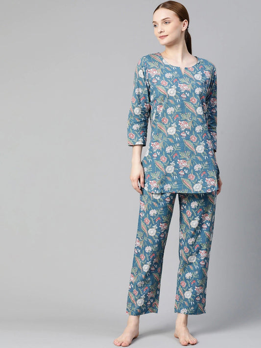 Women'S Blue Printed Cotton Nightwear | LASVINI - Redefining Indian Fashion with Elegance