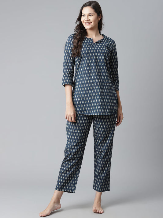 Women'S Dark Blue Buti Print Cotton Nightwear | LASVINI - Redefining Indian Fashion with Elegance