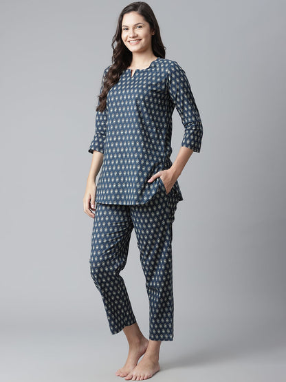 Women'S Dark Blue Buti Print Cotton Nightwear | LASVINI - Redefining Indian Fashion with Elegance