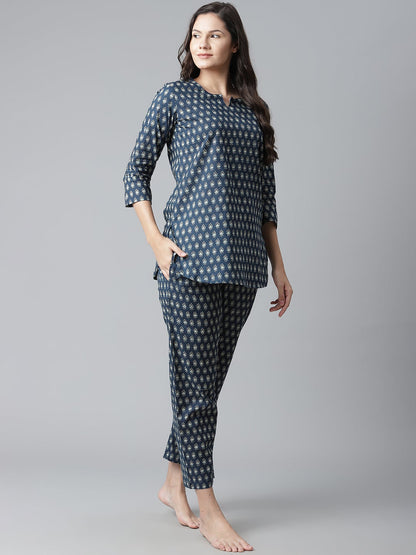 Women'S Dark Blue Buti Print Cotton Nightwear | LASVINI - Redefining Indian Fashion with Elegance