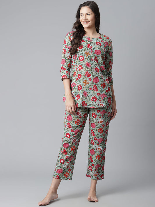 Women'S Green Floral Print Cotton Nightwear | LASVINI - Redefining Indian Fashion with Elegance