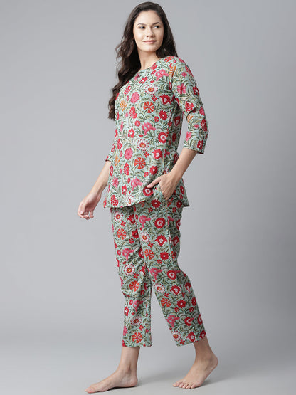 Women'S Green Floral Print Cotton Nightwear | LASVINI - Redefining Indian Fashion with Elegance