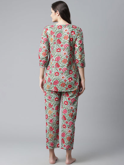 Women'S Green Floral Print Cotton Nightwear | LASVINI - Redefining Indian Fashion with Elegance