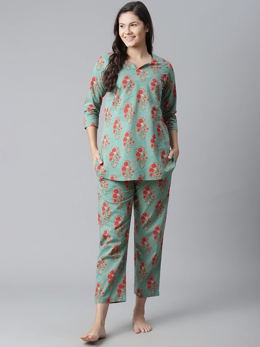 Women'S Green Floral Print Cotton Nightwear | LASVINI - Redefining Indian Fashion with Elegance